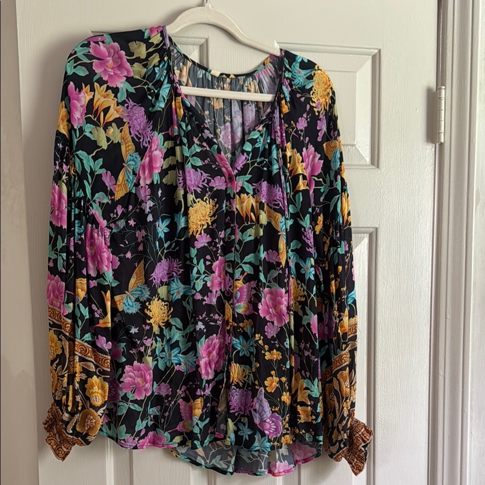 Spell Black Floral Blouse with Pink, Yellow & Teal Accents